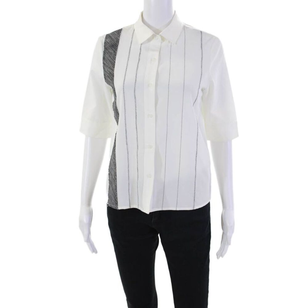 Maac Womens Textured Short Sleeve Button Up Lined Top White Size XS